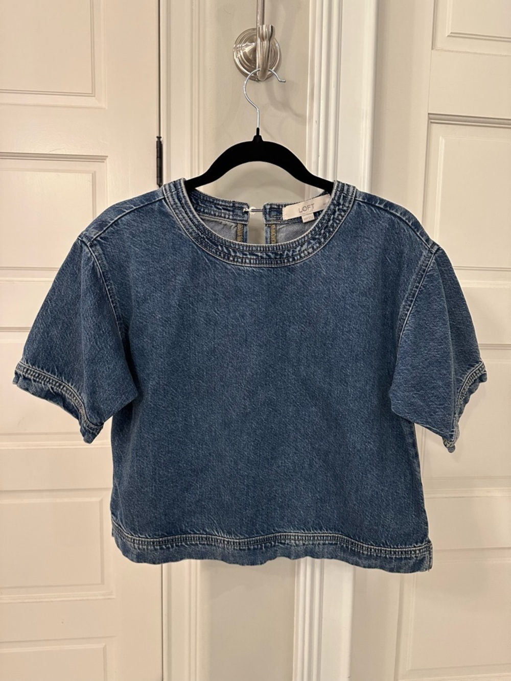LOFT Ann Taylor Women’s XXS Petite Boxy Blue Jean Denim Cropped Short Sleeve Top